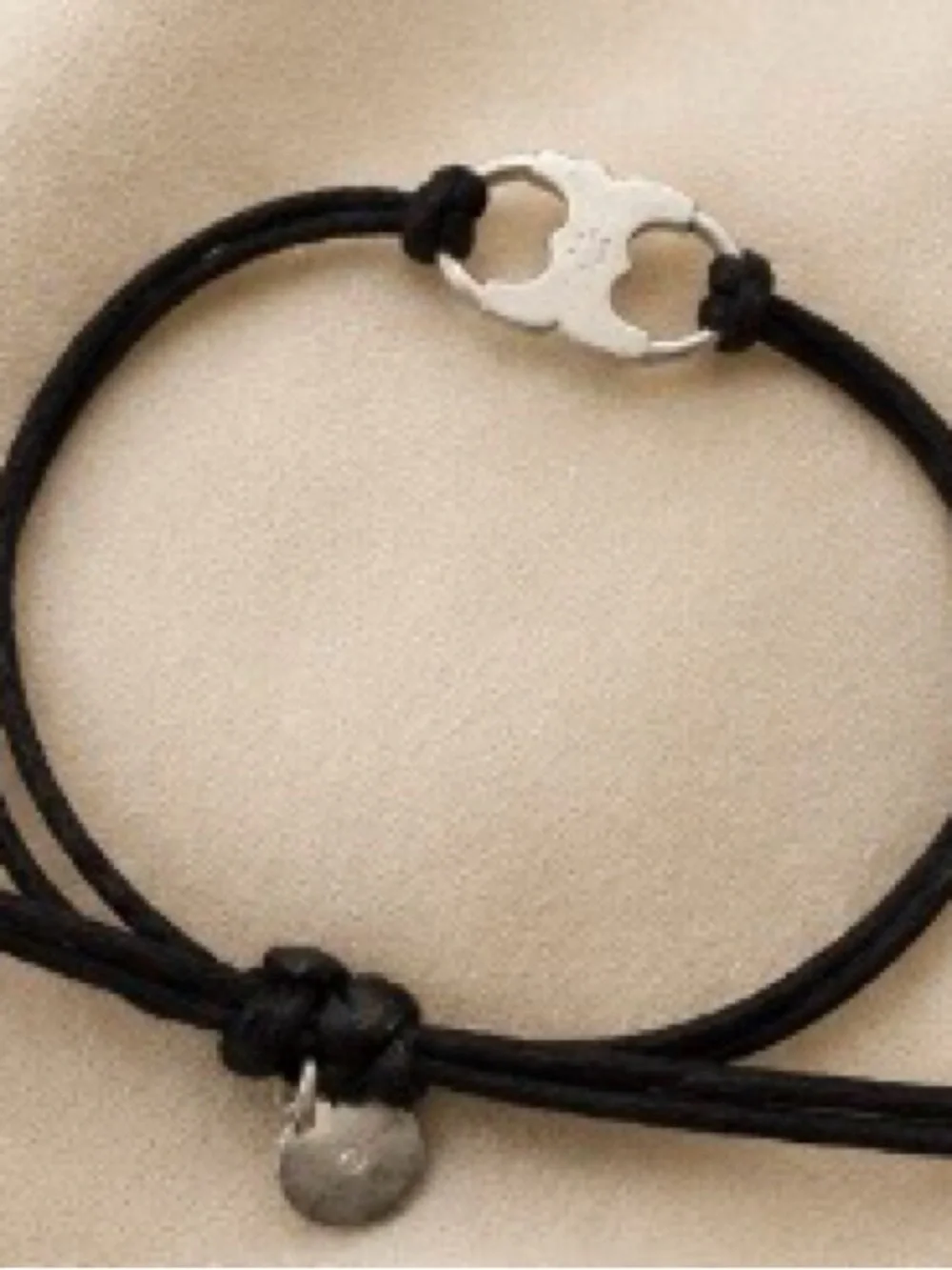 Tory Burch Black Leather Cord Bracelet with Silver Logo Accent